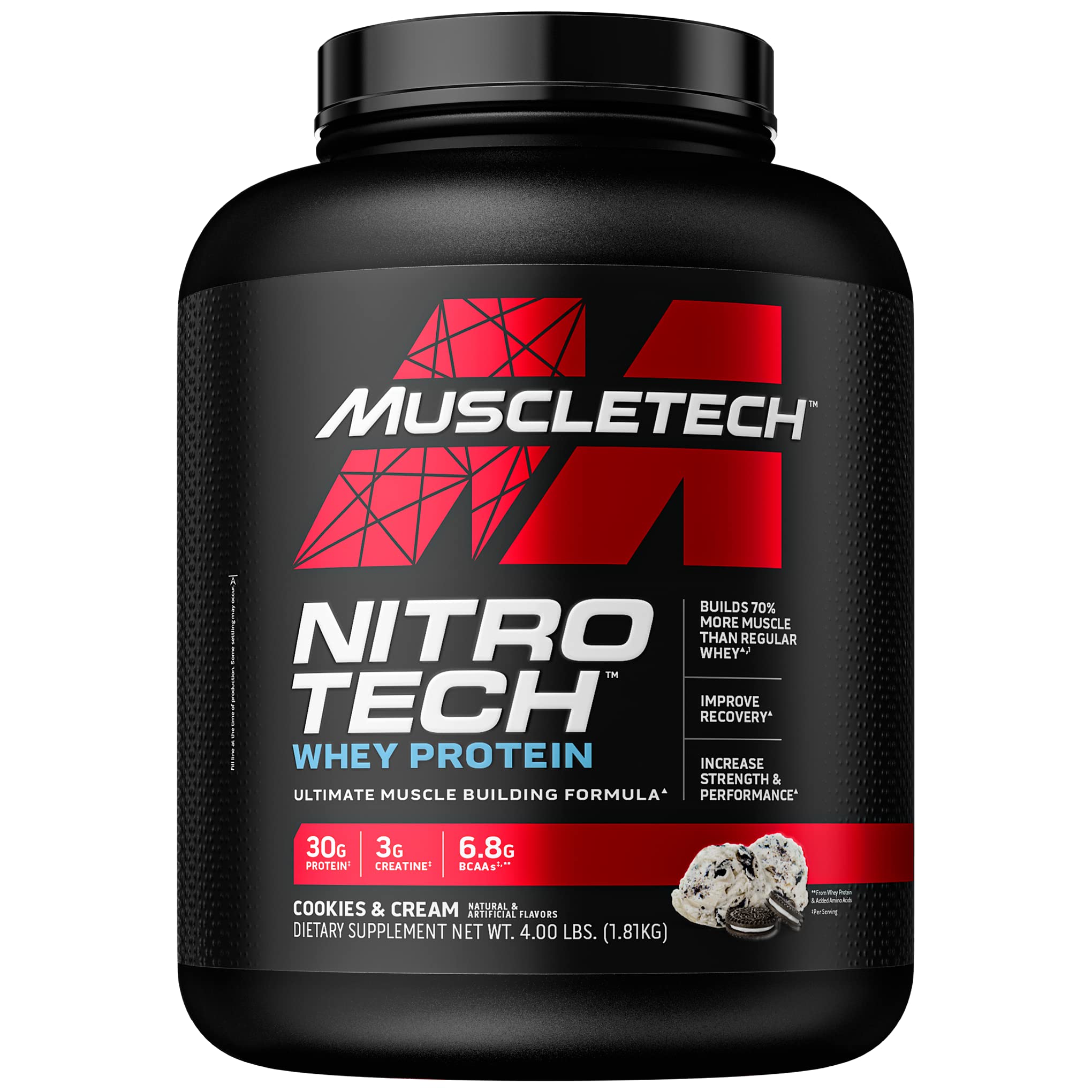 Nitro-Tech Whey Protein Isolate & Peptides Powder – 4lb (40 Servings) | MuscleTech Premium Protein + Creatine Supplement for Muscle Growth | Ideal for Men & Women | Cookies & Cream Flavor | Perfect for Post-Workout Recovery & Fitness Nutrition