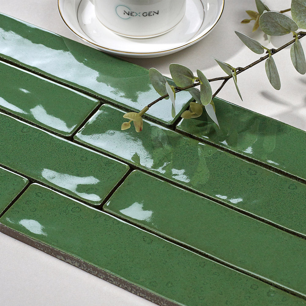 Handmade Mykonos Emerald Green 50X250 Zellige Gloss Subway Tile - Perfect for Kitchen Backsplash, Bathroom Walls & Mediterranean Style Home Decor