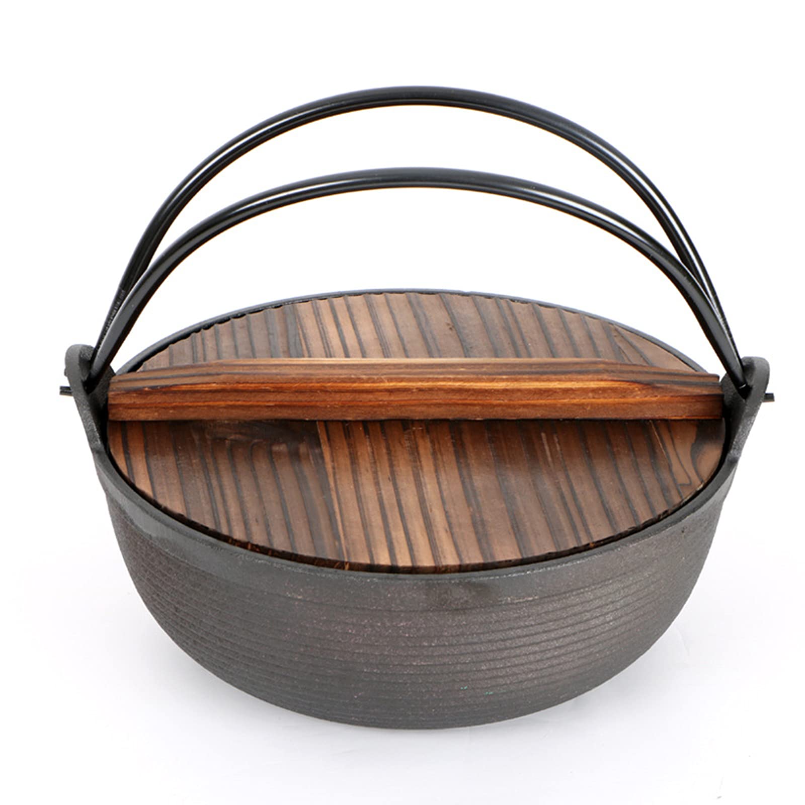 AIZYR Japanese Style Sukiyaki Cast Iron Nabe Pot with Wooden Lid - Traditional Tetsu Pot for Outdoor Camping, Hanging Stove Pan - Perfect for Hot Pot, Sukiyaki & Shabu-Shabu at Home or Picnics