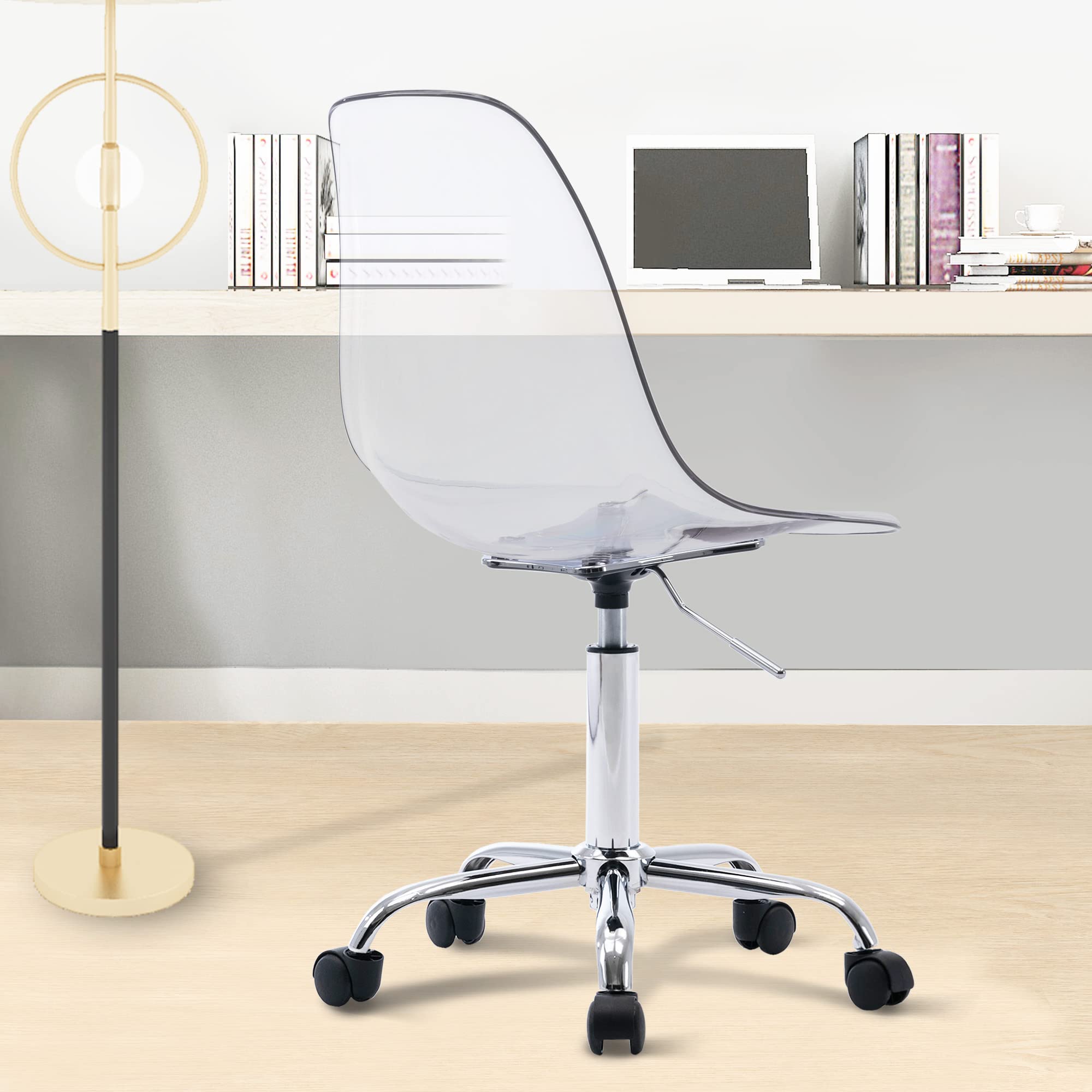 Acrylic Clear Desk Chair - Rolling Armless Swivel Height Adjustable Office Chair with Wheels | Modern Ghost Molded Plastic Design for Home Office, Vanity & Workspace