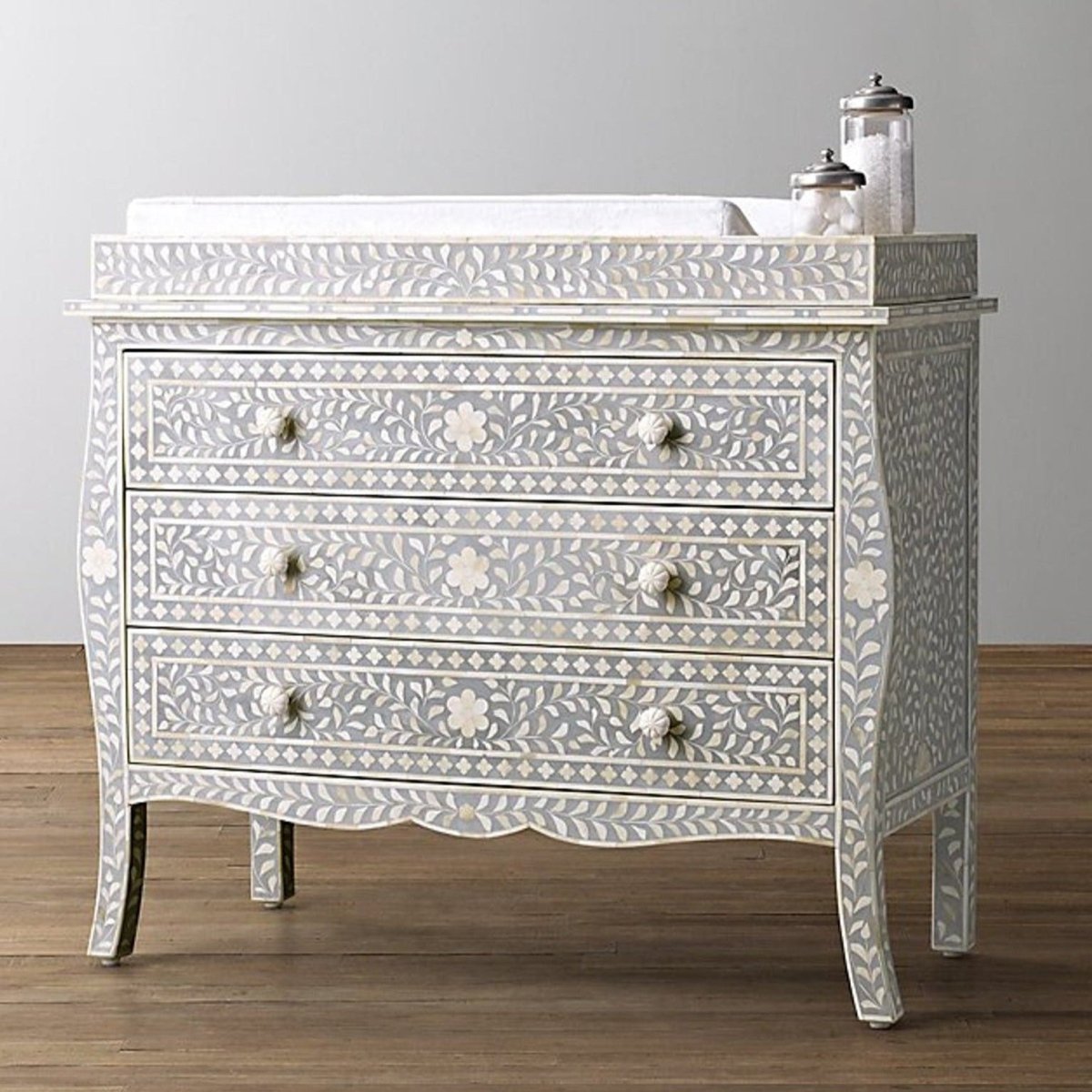 Handmade Bone Inlay French Colonial Style Baby Changing Dresser with Topper - Light Grey Nursery Dresser for Infant Room Decor & Diaper Changing Station