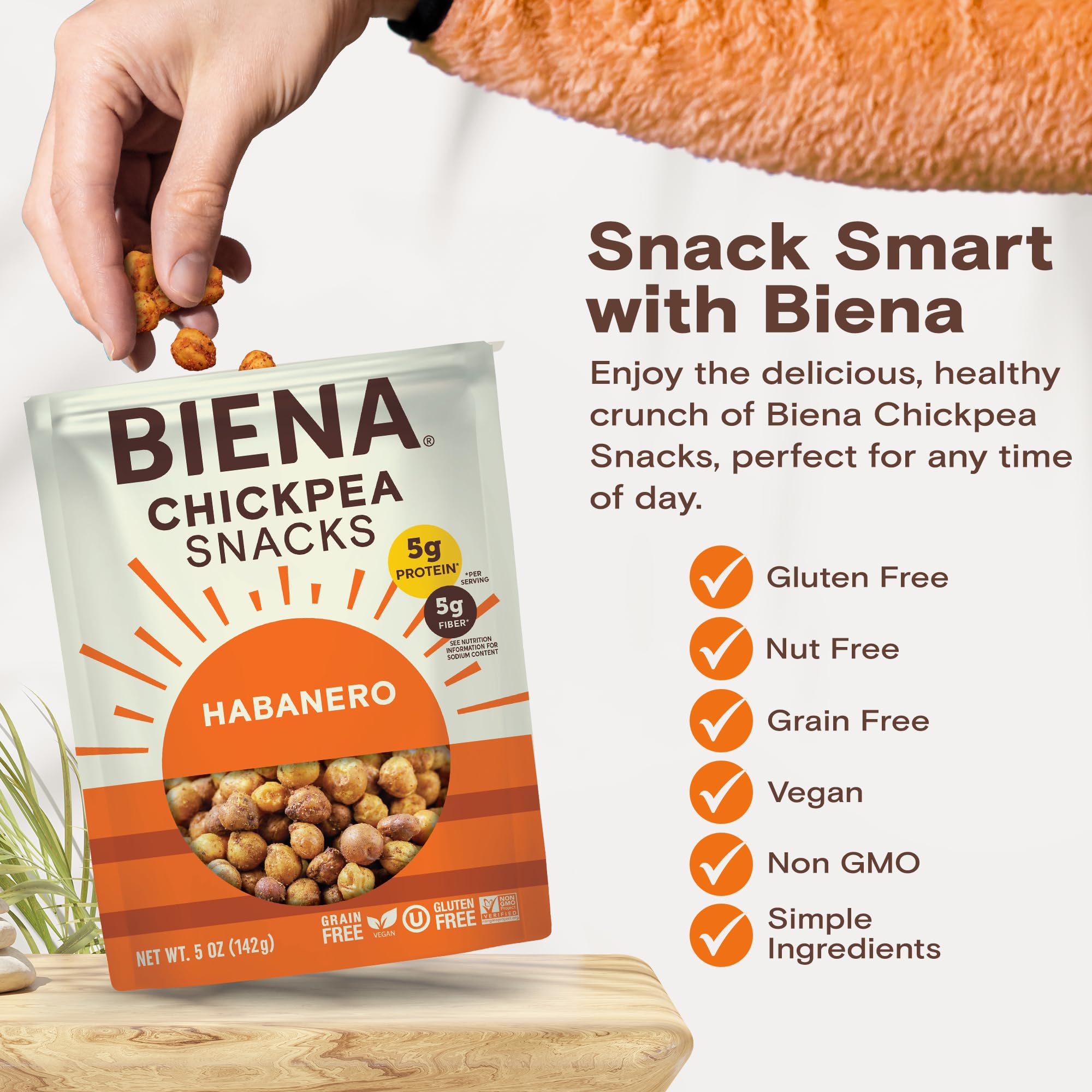 BIENA Crunchy Roasted Chickpea Snacks - High Fiber Vegan Protein Snacks for Adults & Kids - 8-Pack (5oz) - Habanero Flavor - Perfect for School Lunches, Office Snacks & Healthy On-the-Go Eating