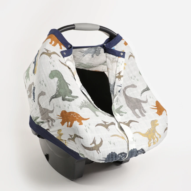 Little Unicorn Cotton Muslin Car Seat Canopy - Dino Friends Design, Breathable Baby Car Seat Cover for Sun & Wind Protection, Perfect for Strollers & Infant Carriers