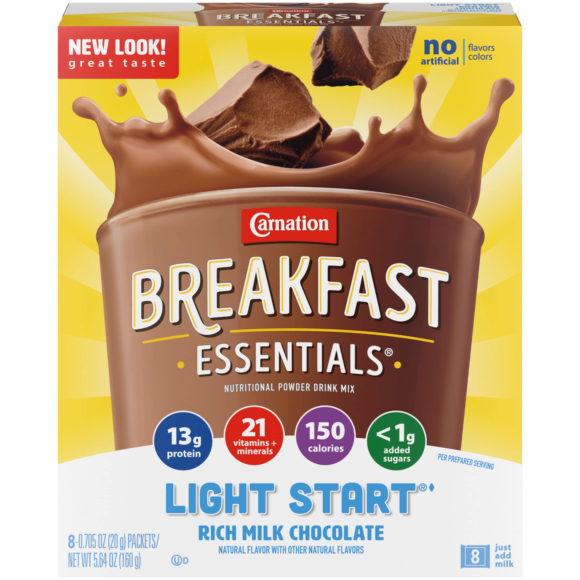 Carnation Breakfast Essentials Light Start Powder Drink Mix - Rich Milk Chocolate Flavor, 7.05 oz (8 Count, Pack of 2) | Quick & Nutritious Breakfast Solution for Busy Mornings, Post-Workout Recovery & On-the-Go Nutrition