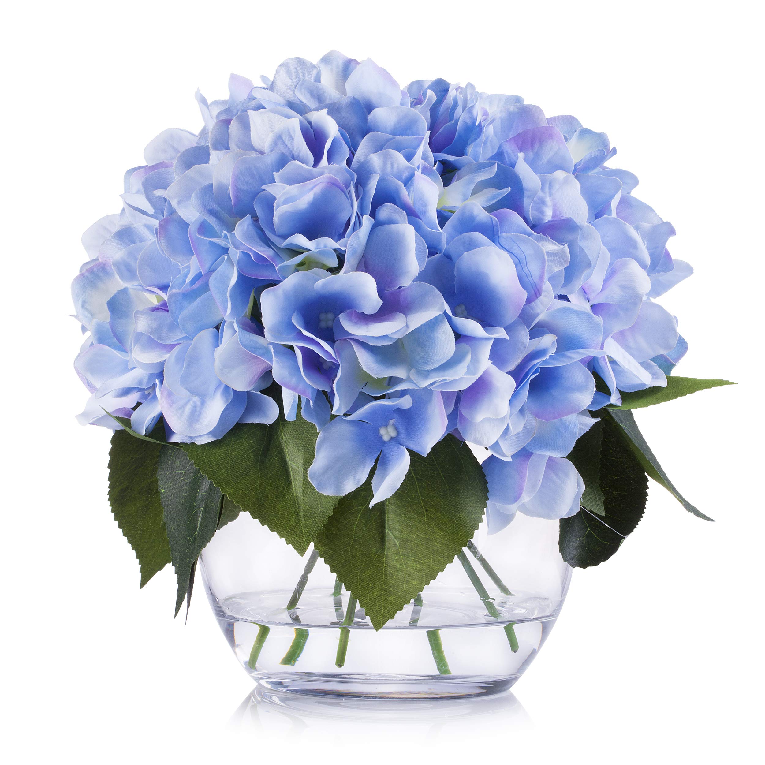 ENOVA HOME Artificial Silk Hydrangea Flowers Arrangement in Clear Glass Vase - Blue Floral Centerpiece for Home Decor, Wedding, Office & Table Decorations