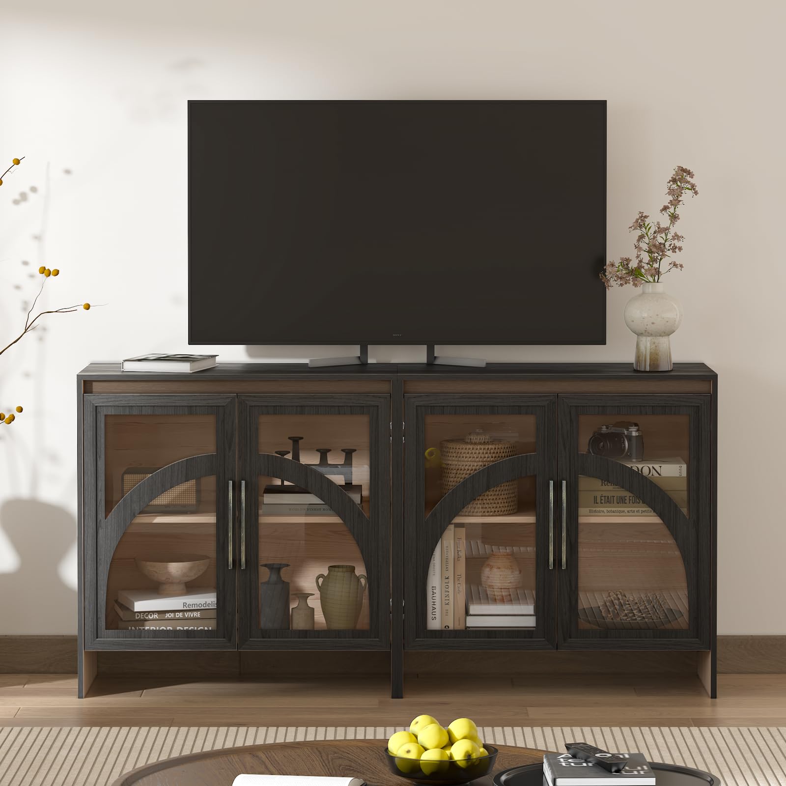 2-Piece Black Buffet Cabinet Set with Adjustable Shelf & Glass Doors - Storage Sideboard for Dining Room, Living Room, Home Decor | Perfect for Displaying China, Storing Linens & Entertaining Guests
