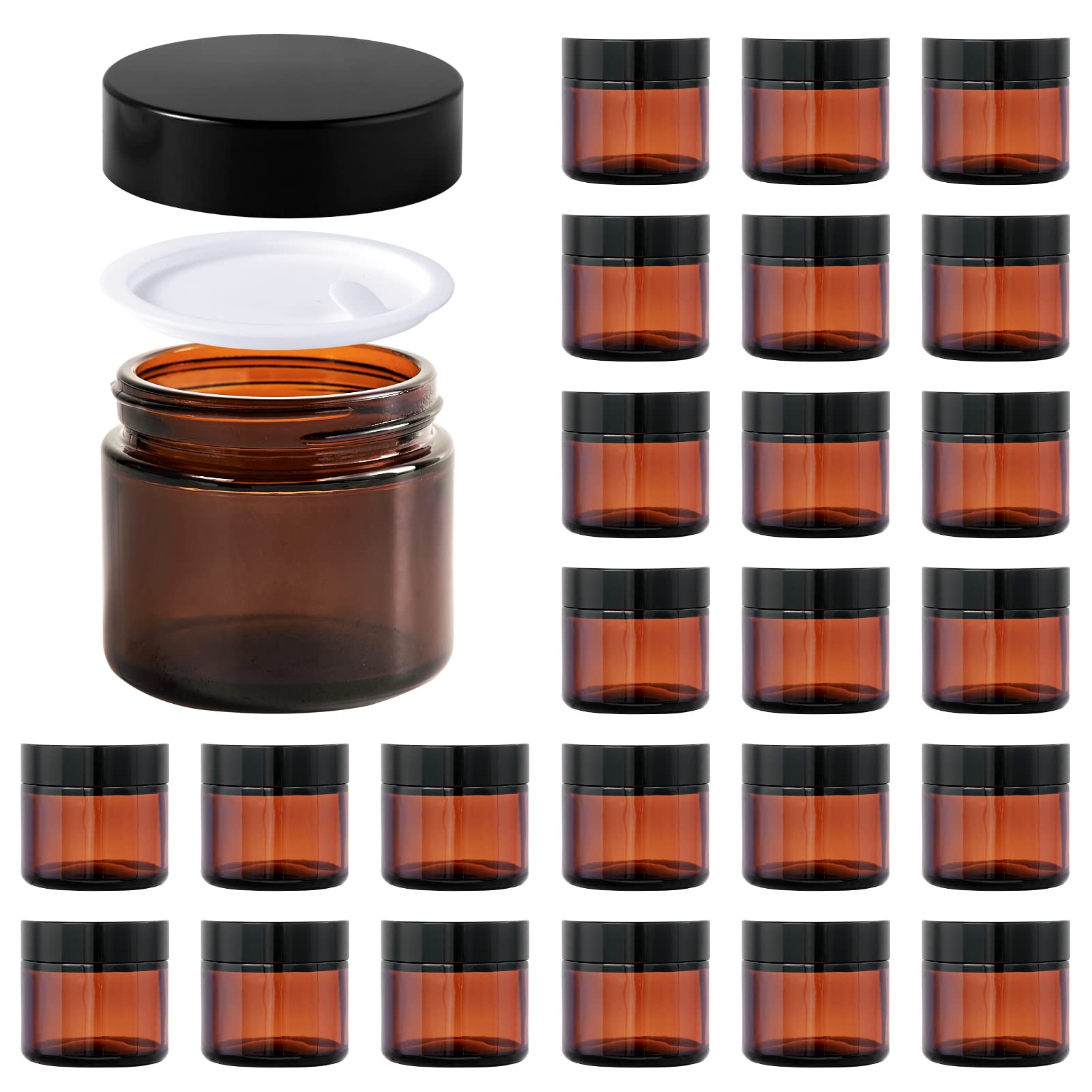24 Pack 2oz Amber Glass Jars with Black Lids & Inner Liners - Airtight Cosmetic Containers for Storing Lotions, Powders, Ointments | Perfect for DIY Beauty Products, Essential Oils & Herbal Storage