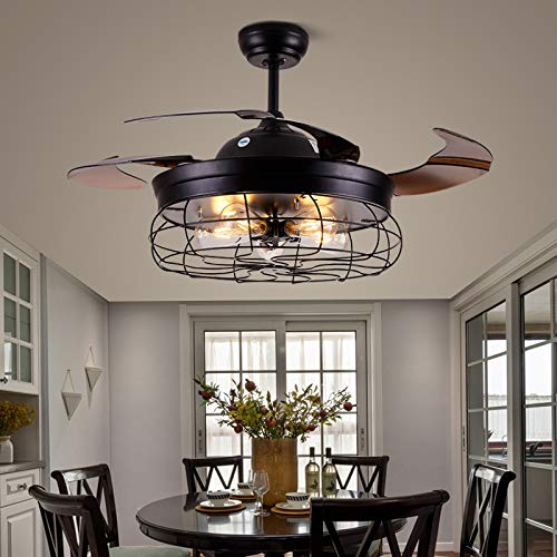42'' Retractable Ceiling Fan with Light - Farmhouse Industrial Pendant Chandelier with Remote Control & Invisible Blades (Requires 5 Edison Bulbs) for Living Room, Bedroom, Dining Room, Office, Kitchen - Perfect for Home Cooling and Stylish Lighting