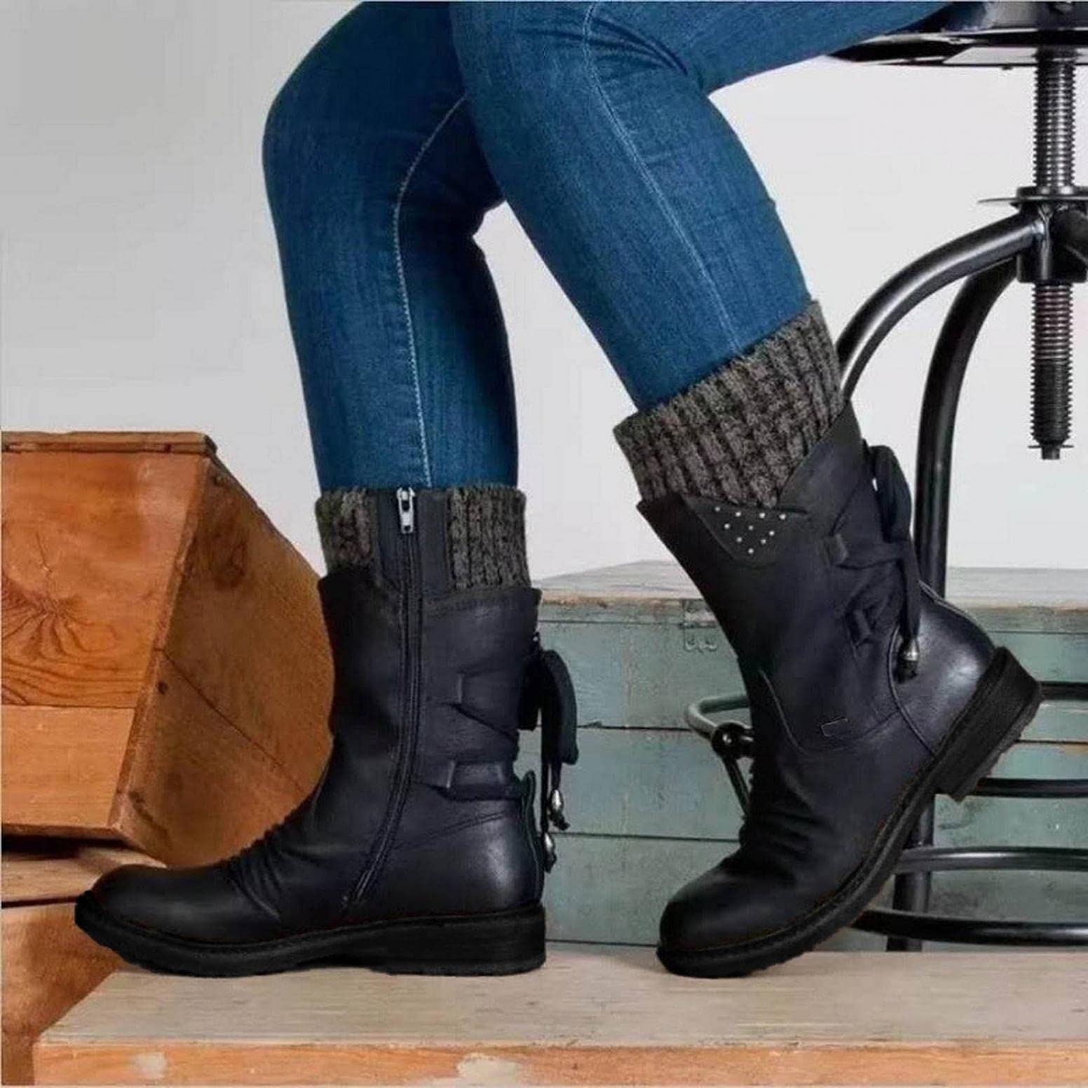 Fleekcomfy Women's Winter Snow Boots - Warm Mid Calf Lace Up Boots with Arch Support, Flat Low Heel Waterproof Snow Boots for Outdoor Activities (Black, Size 6.5) | Perfect for Snowy Weather, Hiking and Winter Fashion