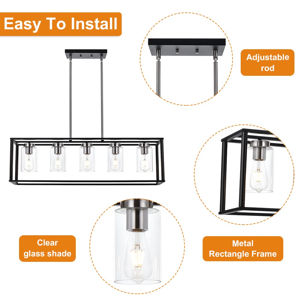 VINLUZ Modern 5-Light Rectangle Chandelier in Brushed Nickel & Black - Clear Glass Shade Farmhouse Pendant Light for Dining Room, Kitchen Island & Living Room Ceiling | Perfect for Rustic, Industrial & Contemporary Home Decor