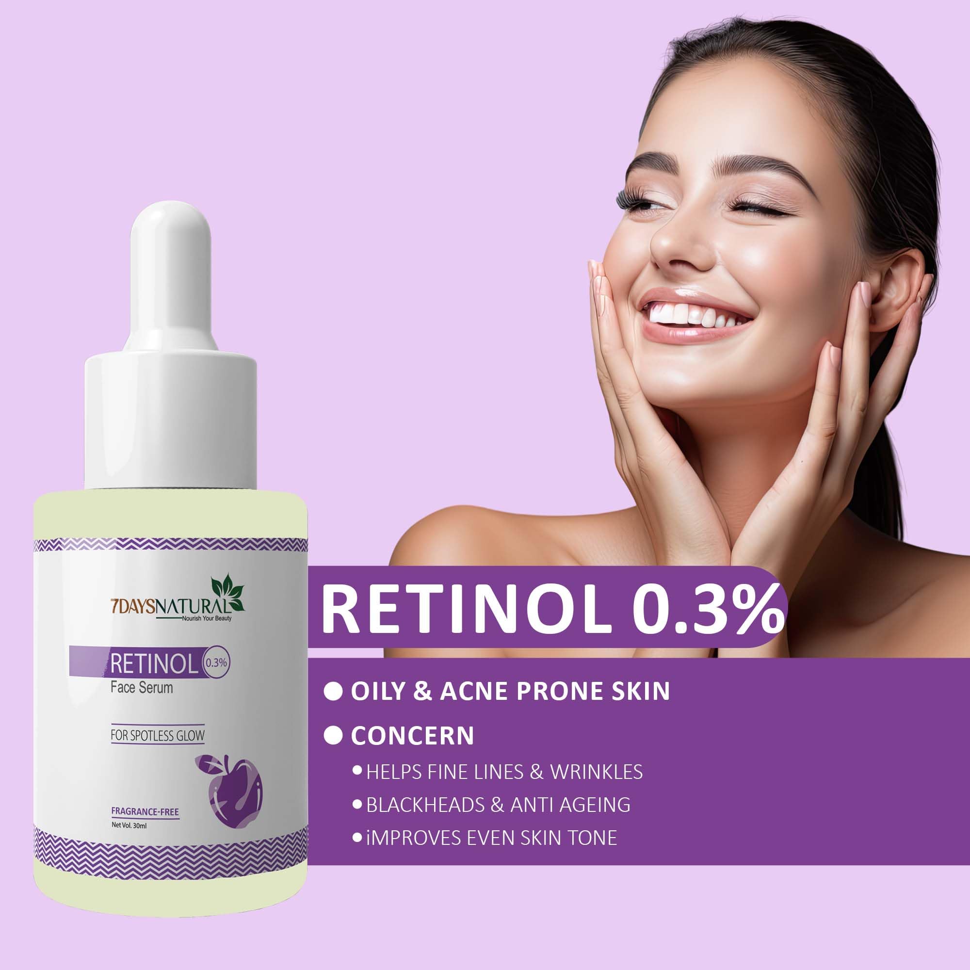 7 DAYS Natural 0.3% Retinol Face Serum for Glowing Skin - Anti-Aging Night Serum with Niacinamide & Hyaluronic Acid - Hydrating & Brightening Treatment for Men & Women (30ml) - Perfect for Nighttime Skincare Routine & Reducing Fine Lines