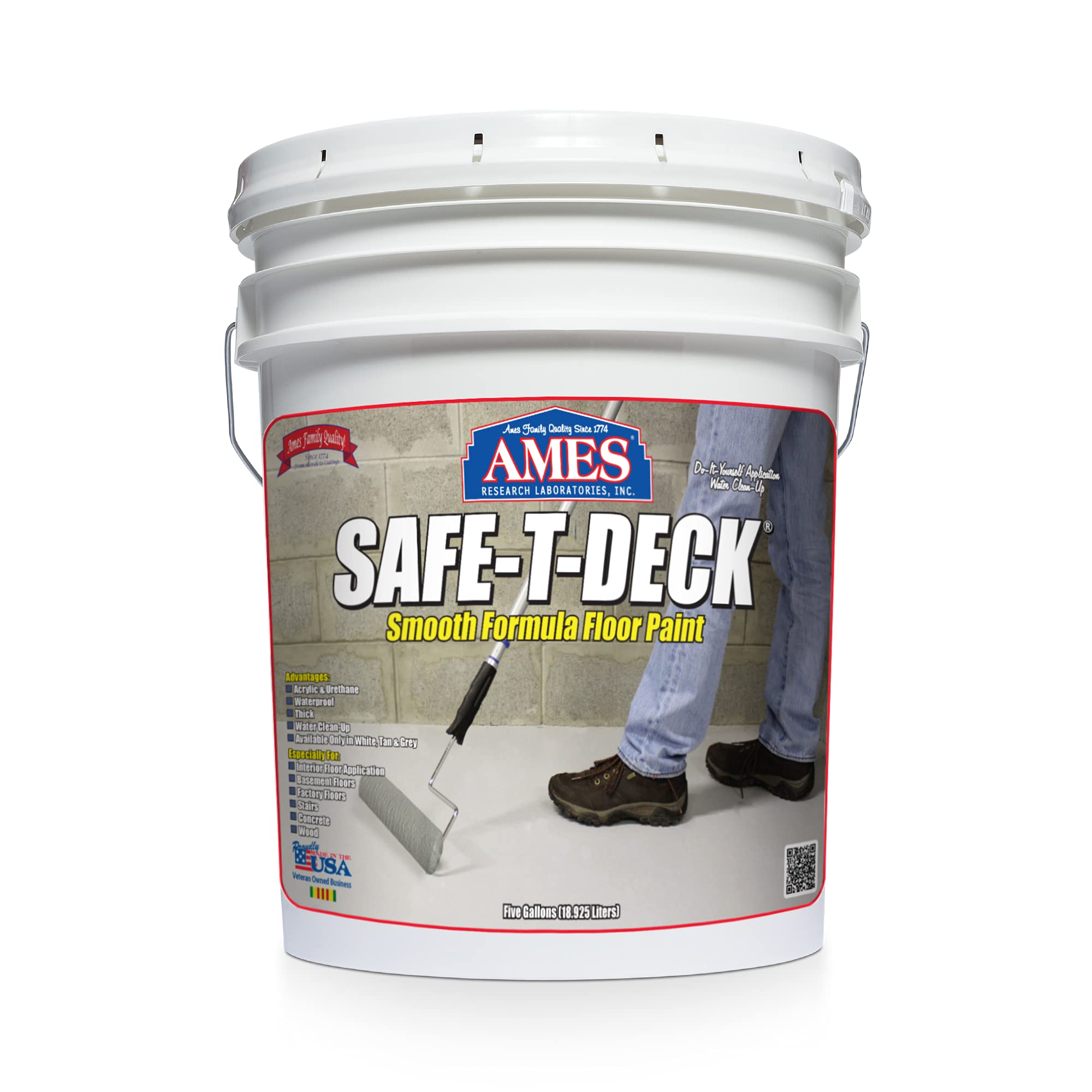 Ames Safe-T-Deck® Smooth Formula Floor Paint - 5 Gallon Tan - Non-Slip Garage, Concrete & Wood Floor Coating - Durable, Weather-Resistant - Made in USA - Ideal for Driveways, Basements, Patios & Workshops