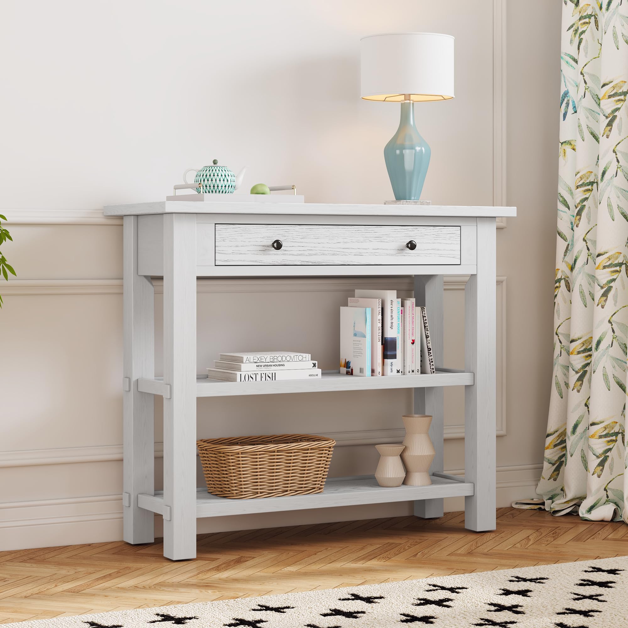 Vintage Oak Veneer Console Table with Drawer & 2 Shelves - 36