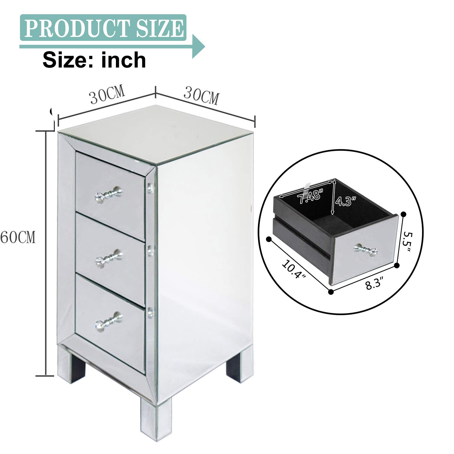 Modern Mirrored 3-Drawer Nightstand with Crystal Knobs - Bedroom & Living Room Storage
