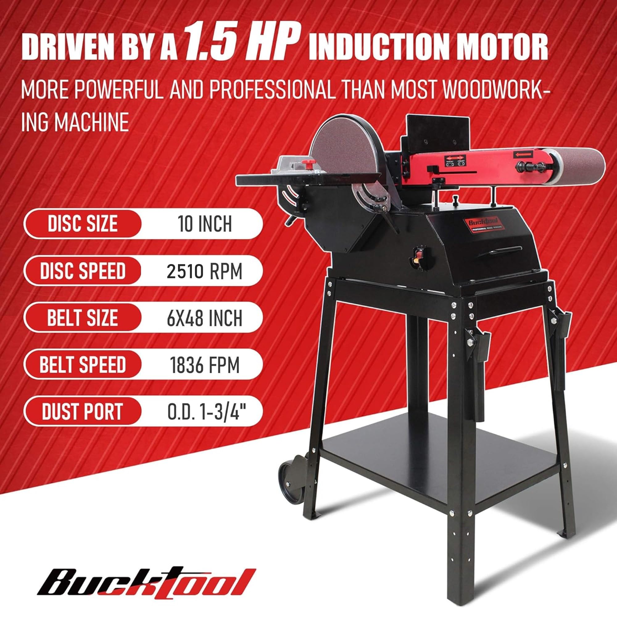 BUCKTOOL BD61000 1.5HP Heavy Duty Bench Belt & Disc Sander - 6