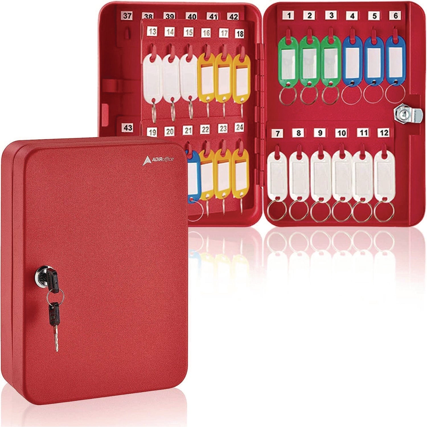 AdirOffice 48-Key Steel Key Cabinet with Secure Key Lock - 7.1 x 3.1 x 10 Inches, Stainless Steel 304 Construction in Red - Perfect for Home, Office, Hotel & School Key Organization