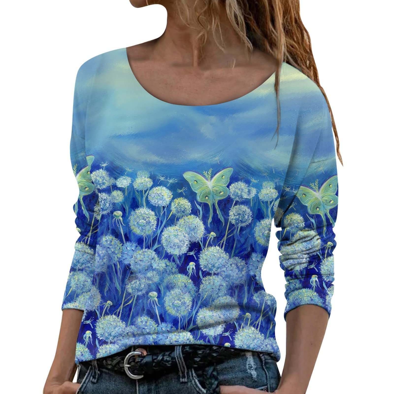 Women's Long Sleeve Tunic Blouse with Dandelion Butterfly Print - Round Neck Fashion Top for Casual Wear, Office & Date Night Outfits