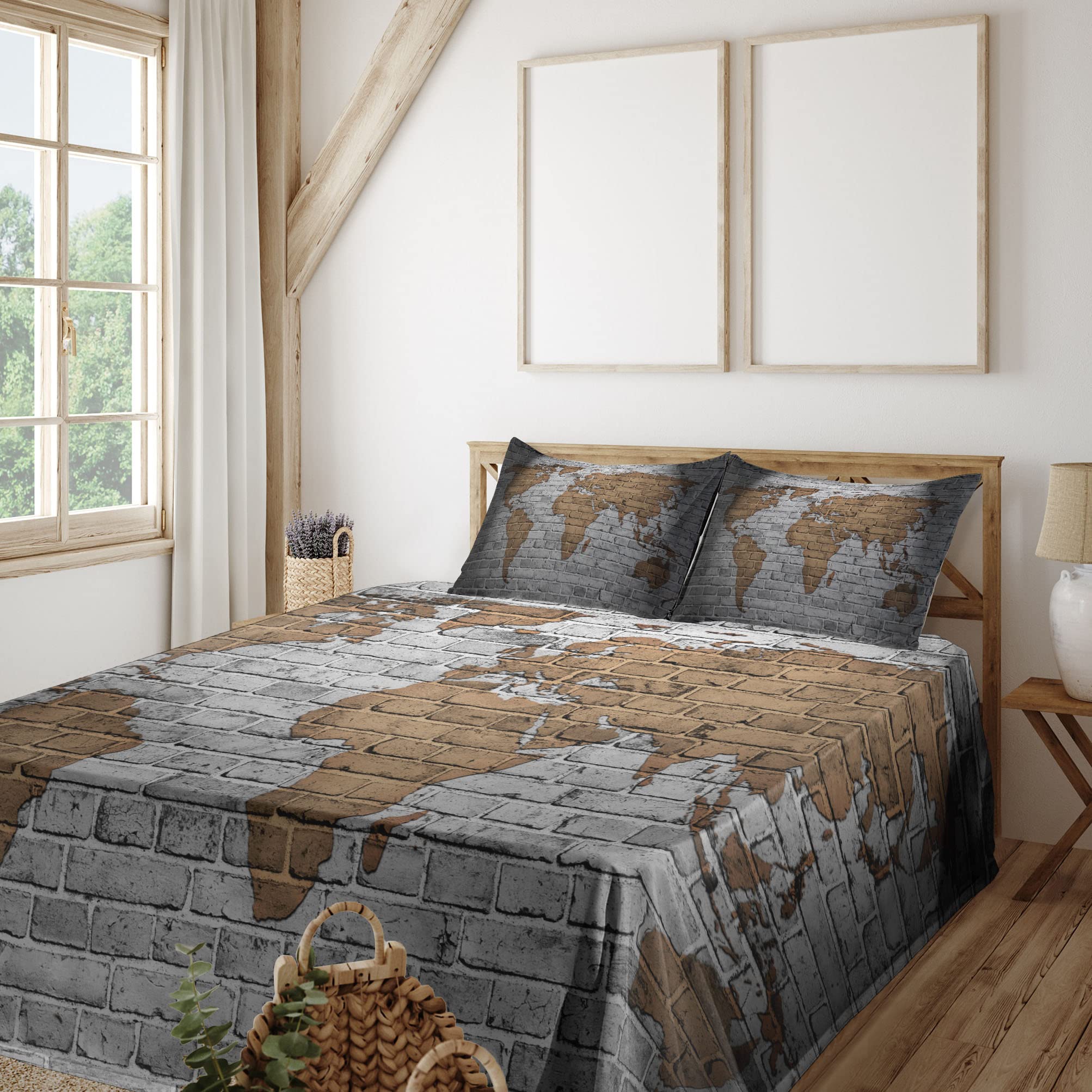 Ambesonne Vintage World Map Sheet Set - Old Brick Wall Design with Countries & Continents, 4-Piece King Size Bedding Set (Fitted Sheet, Flat Sheet, 2 Pillowcases) in Pale Brown & Grey - Perfect for Travel Lovers & Vintage Home Decor