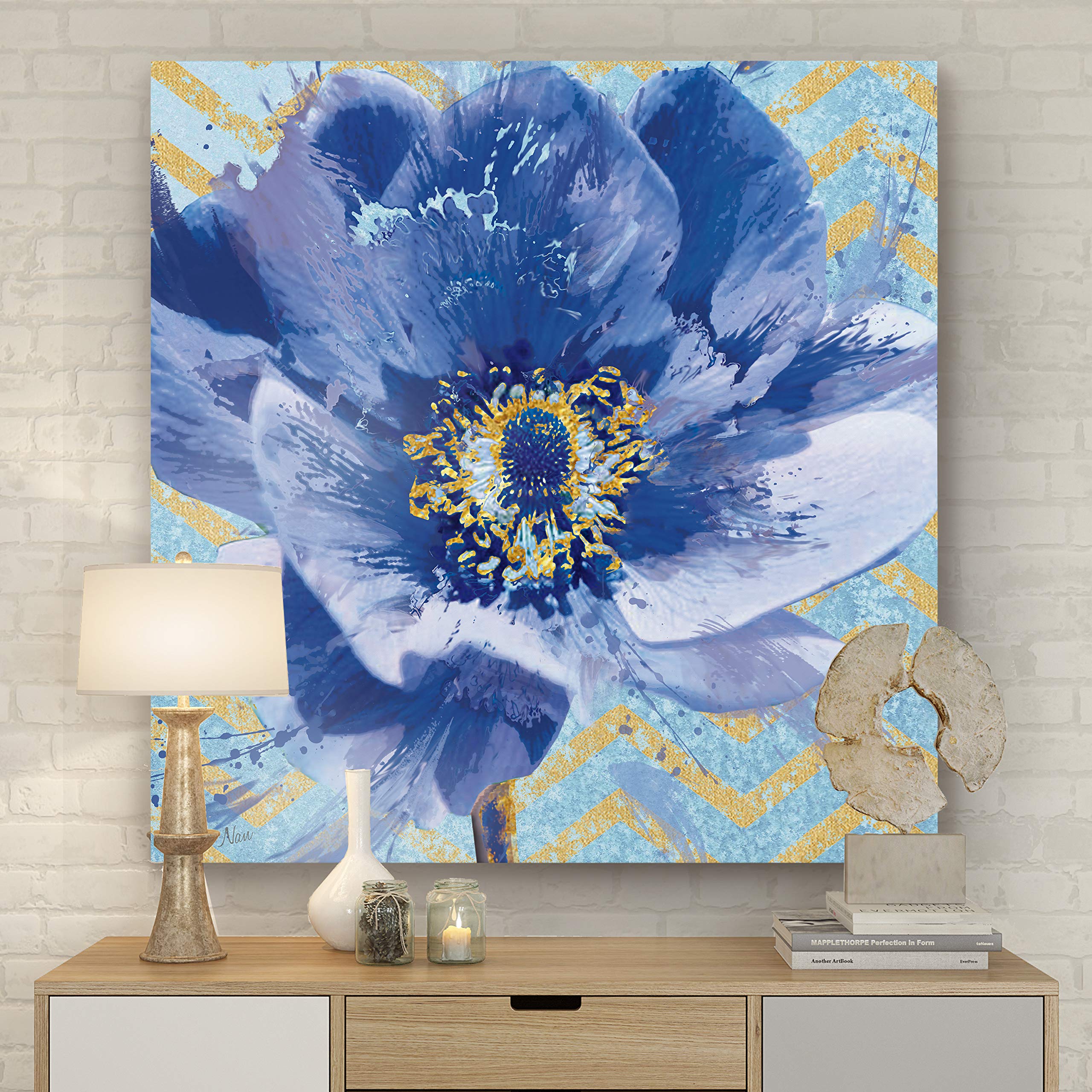 Modern Floral Abstract Canvas Wall Art - Blue & Yellow Aesthetic Painting for Home Decor | 24x24 Inch Gallery Wrapped Print | Perfect for Bedroom, Living Room, Kitchen & Office Wall Decor | Ready to Hang