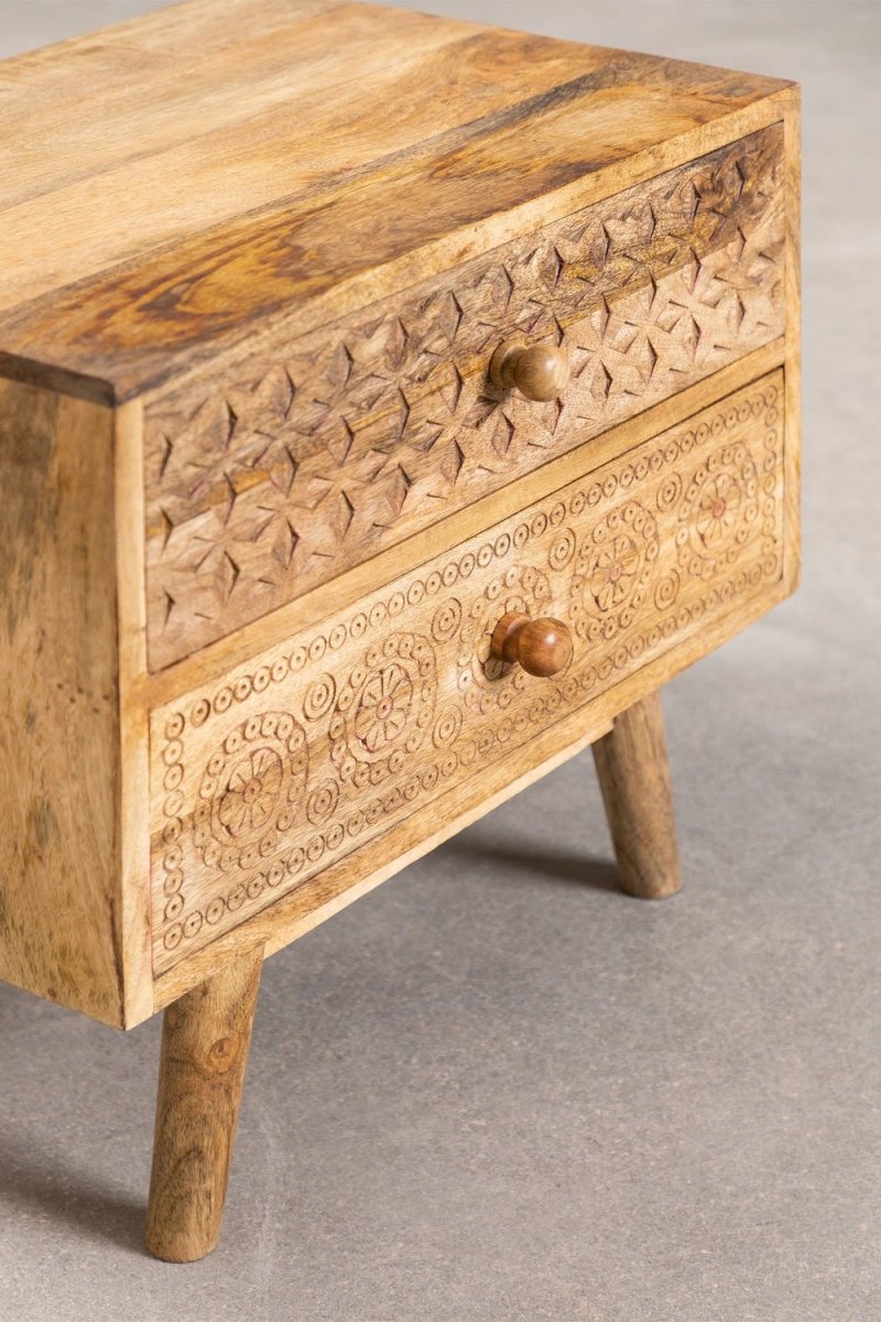 Hand Carved Wooden Nightstand with Two Drawers - Solid Wood Bedside Table for Bedroom, Living Room & Office Storage | Rustic Home Decor Furniture