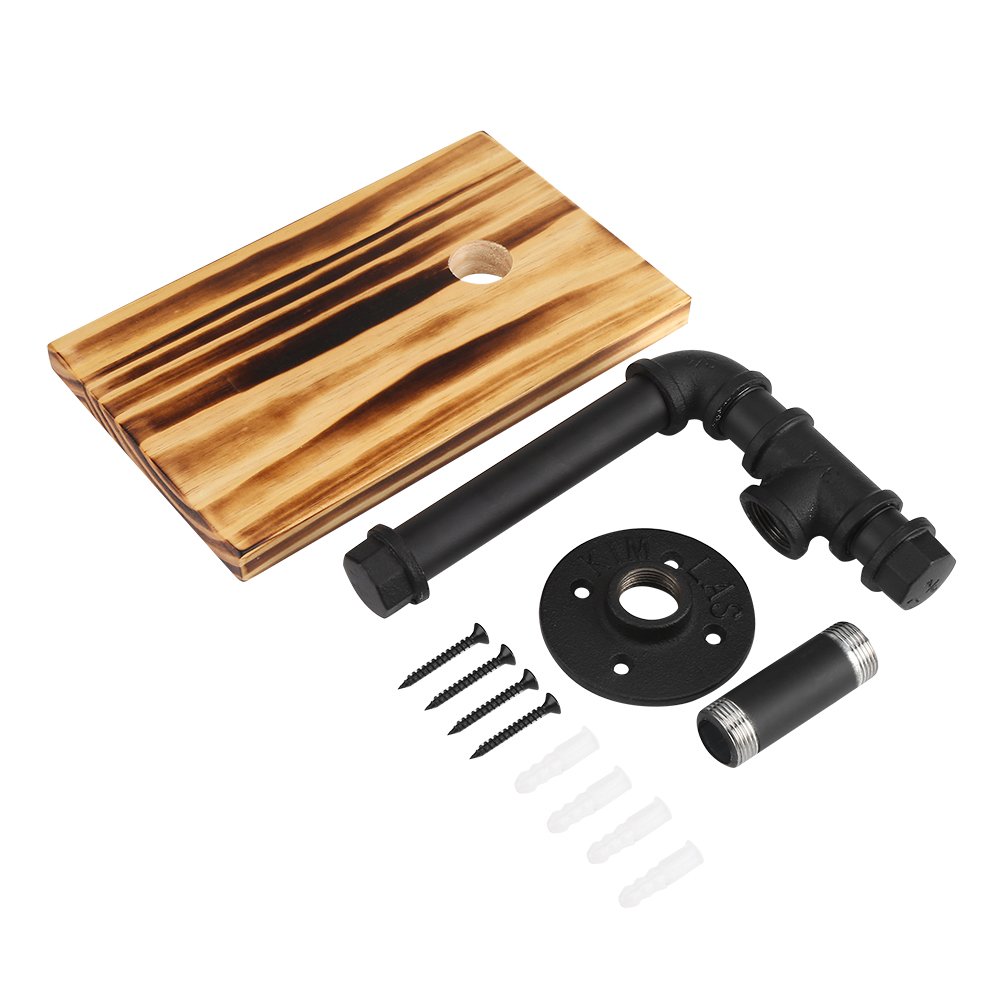Multi-Function Iron Pipe Wall Mounted Roll Paper Holder with Removable Wood Plate - Phone Shelf Rack for Bathroom & Toilet Organization - Perfect for Small Space Storage and Home Decor