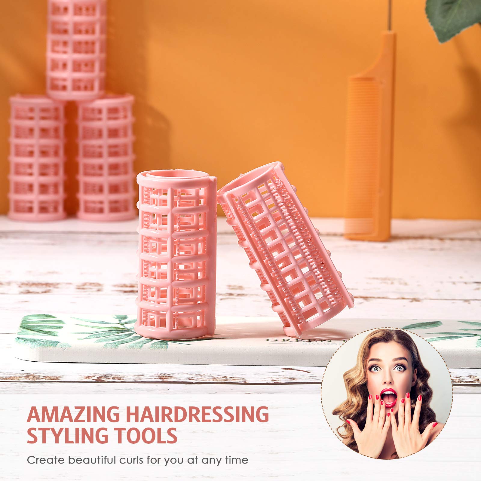 Syhood 12-Piece Large Plastic Snap Hair Rollers Set with Rat Tail Comb - 6.8x3cm Peach Hair Curlers for Salon Styling & Home Use - Perfect for Creating Voluminous Curls & Waves