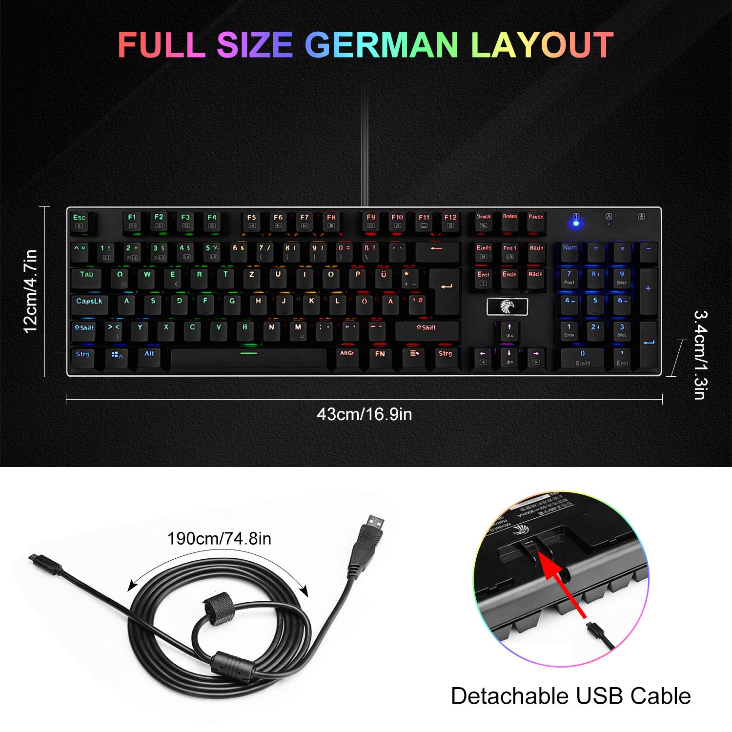 COVVY Mechanical Gaming Keyboard with 10 RGB Backlight Modes, Blue Switches, Waterproof, USB Plug & Play - German Layout for PC, Laptop Gamers (Windows XP/Vista/7/8/10) - Perfect for Esports, Streaming & Office Work