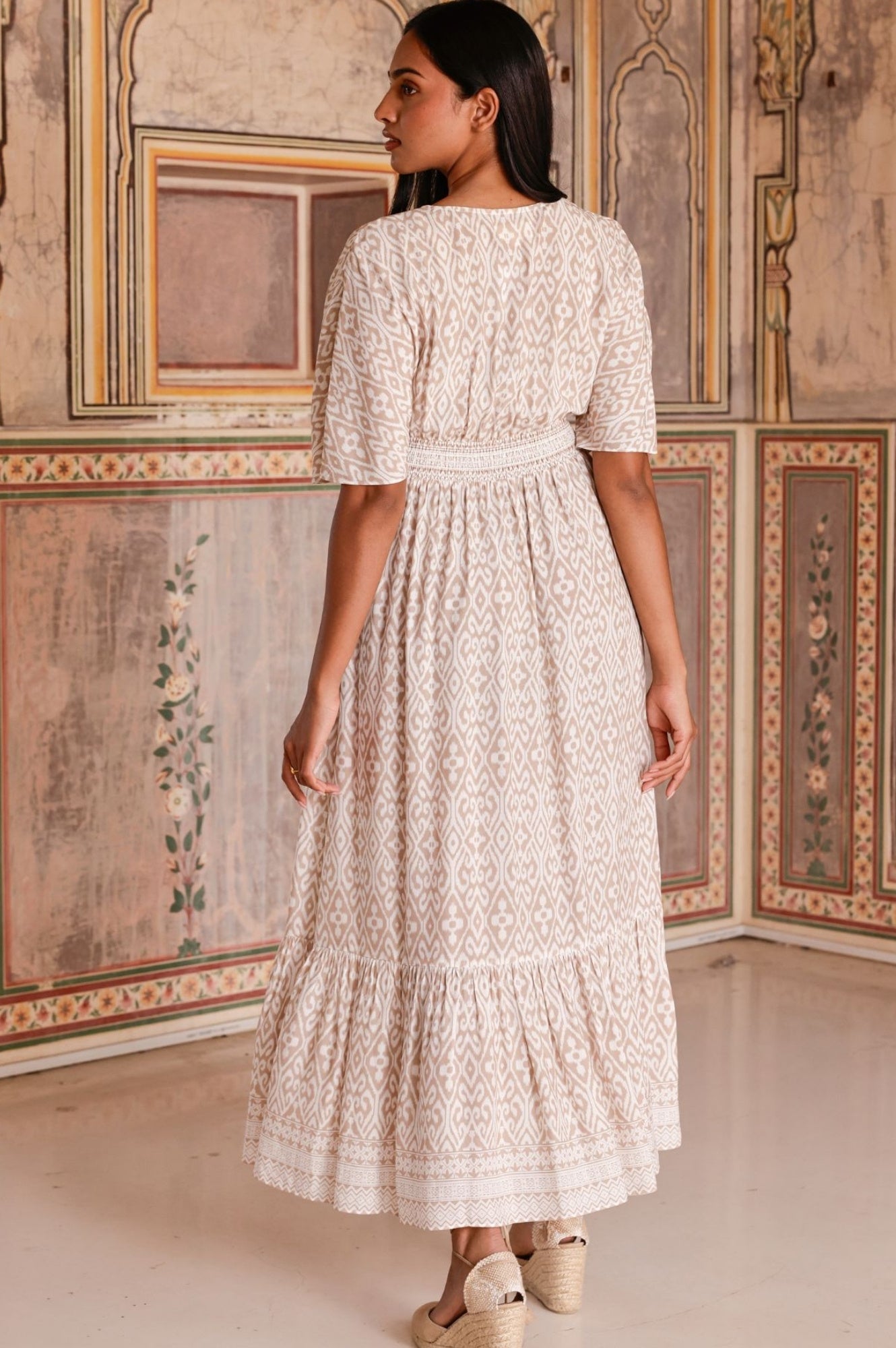 Lena EcoVero™ Sustainable Women's Dress in Taupe & White - Perfect for Casual Wear, Office Outfits & Eco-Friendly Fashion