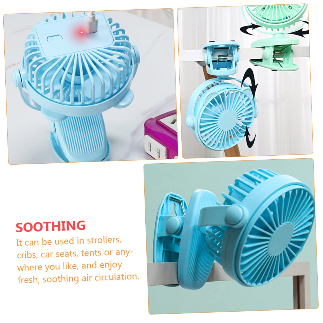 VICASKY Clip-On Stroller Fan with USB Charging & Colorful LED Light - Portable Baby Stroller Fan for Outdoor, Travel, Nursery & Car Seat Use
