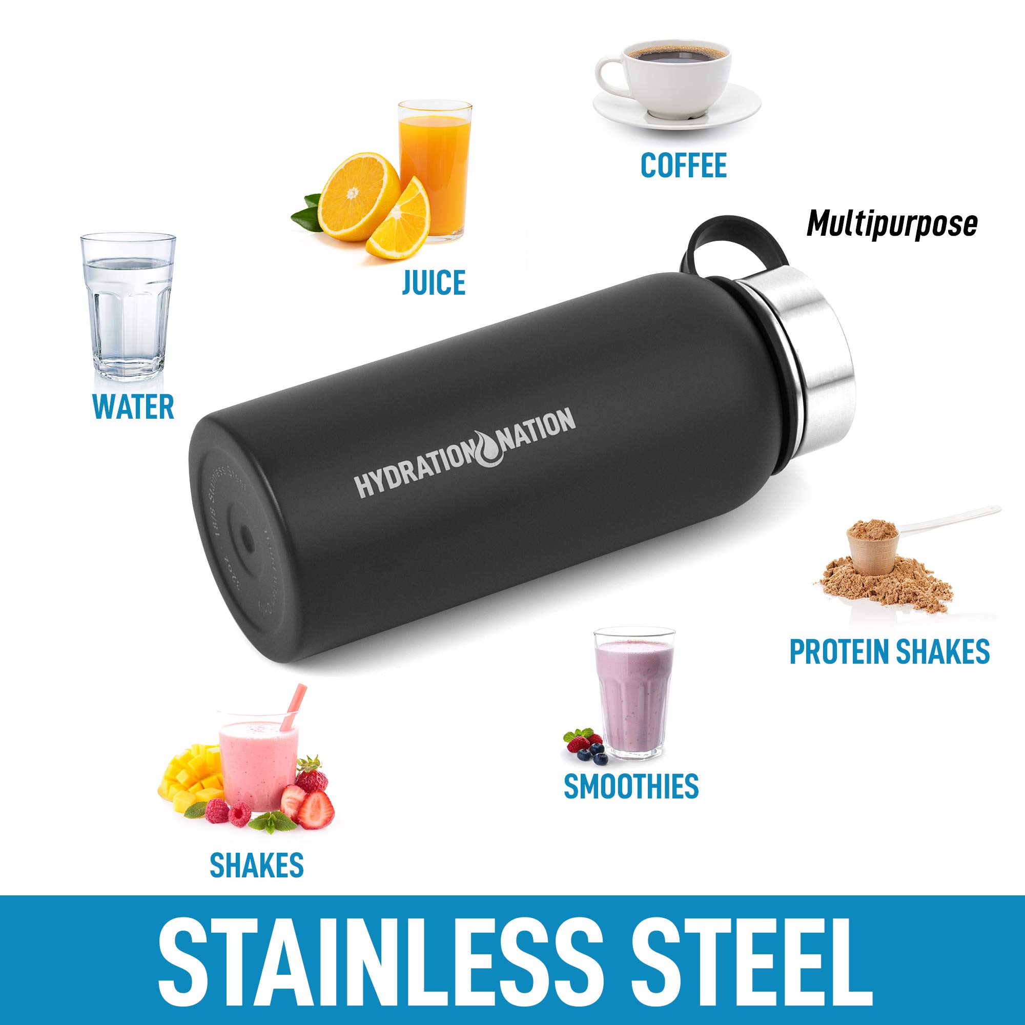 Hydration Nation 3 Lid Multi-Size Vacuum Insulated Stainless Steel Water Bottle with Straw - 20oz/32oz Metal Water Bottle for Gym, Hiking & Outdoor Activities - Keeps Drinks Hot & Cold for 24 Hours - Perfect for Sports, Travel & Office Use (Black)