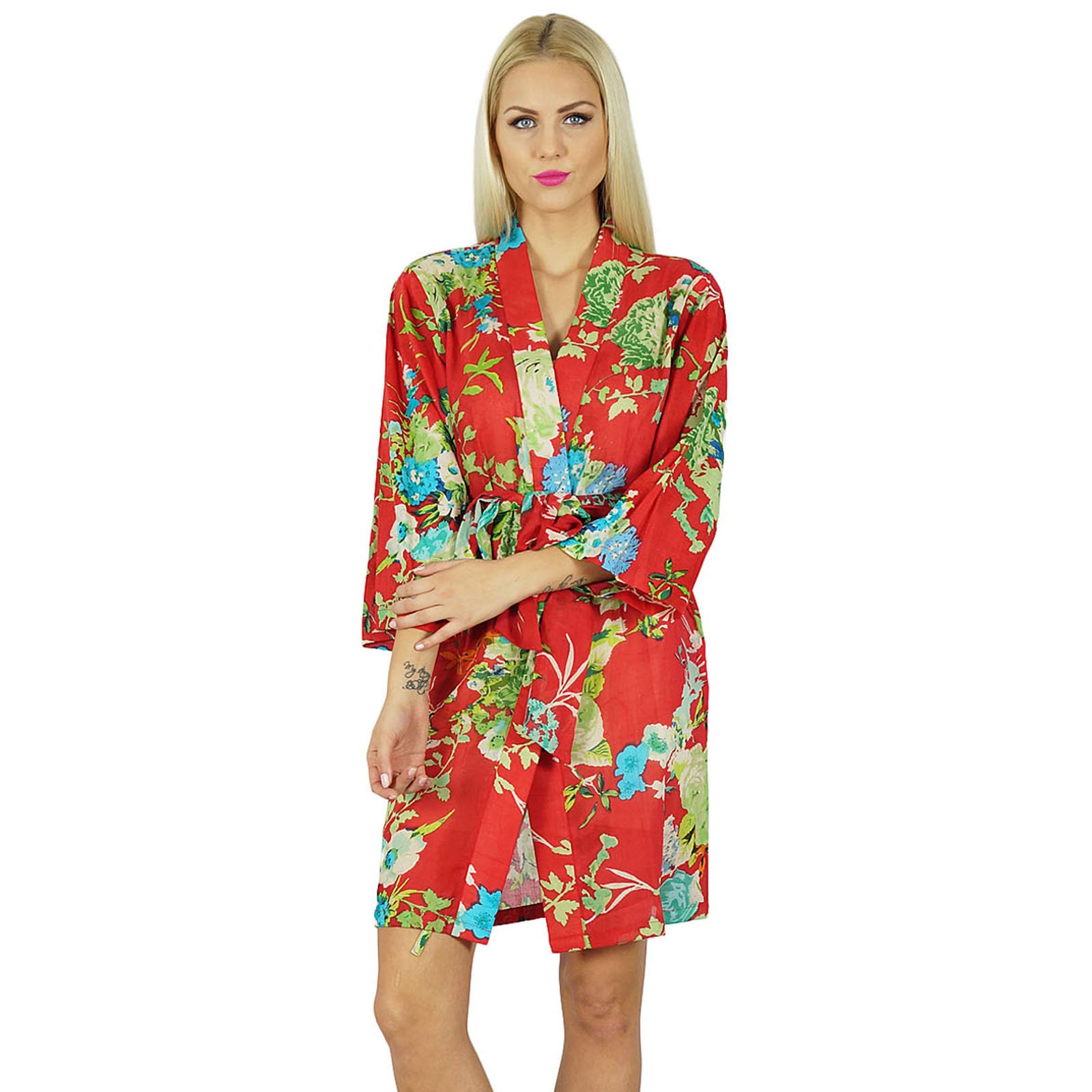 Bimba Women's Short Cotton Robe - Floral Print Bridesmaid Robe, Getting Ready Wrap, Spa Cover Up - Perfect for Wedding, Bridal Shower, Bachelorette Party & Relaxation at Home