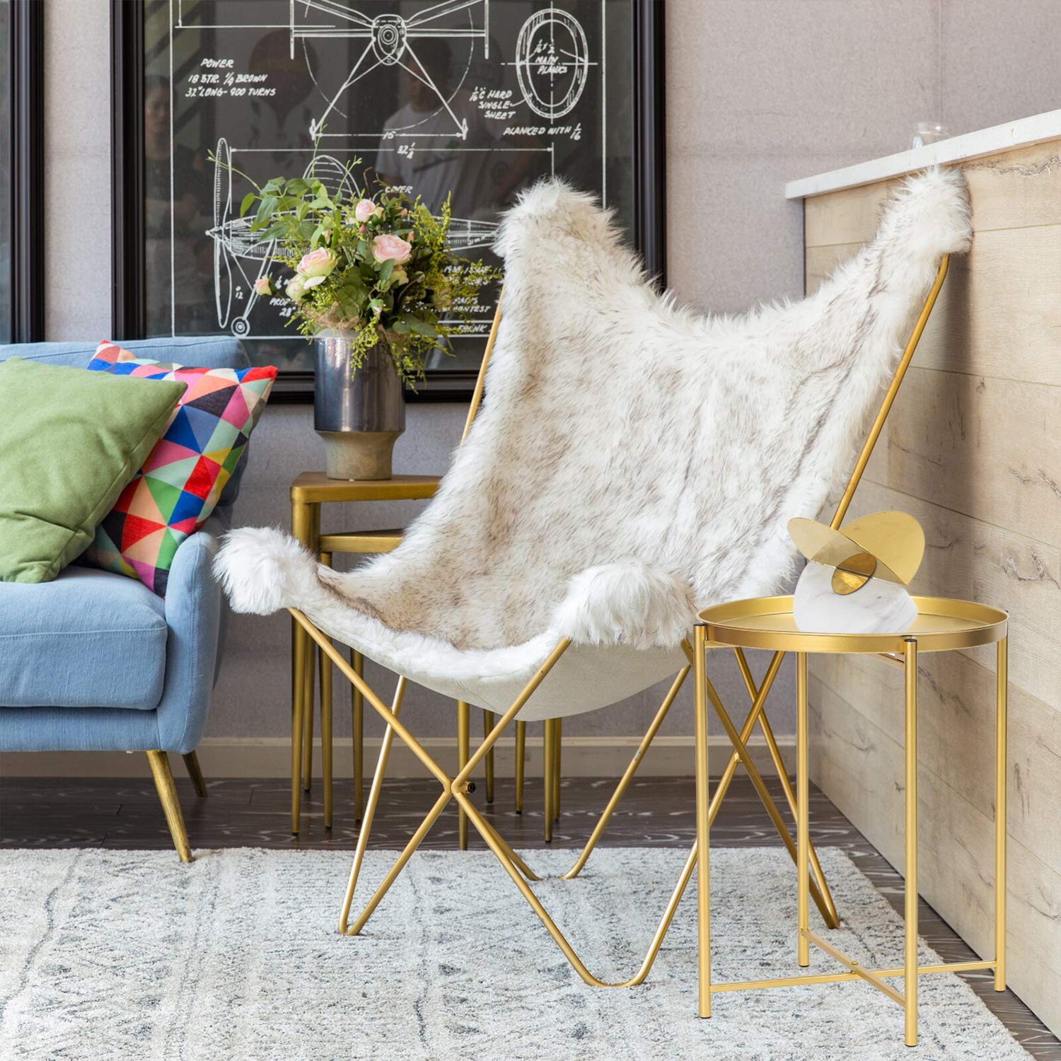 Homebeez Gold Round Tray Table - Decorative Side End Table for Sofa, Coffee, Snacks & Plants - Small Space Accent Table (Golden Tray) - Perfect for Living Room, Bedroom & Office Decor