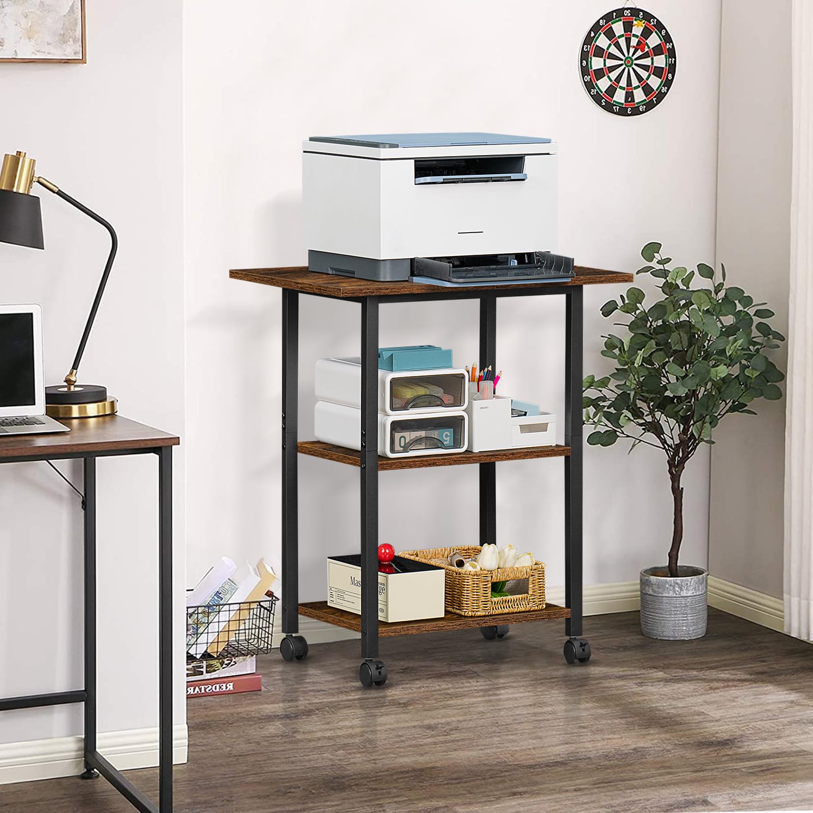 Lerliuo 3-Tier Mobile Printer Stand with Storage Shelf - Heavy Duty Steel Frame Rolling Cart with Lockable Wheels for Home Office Use - Perfect for Laser/Inkjet Printers, Scanners & Office Equipment Organization