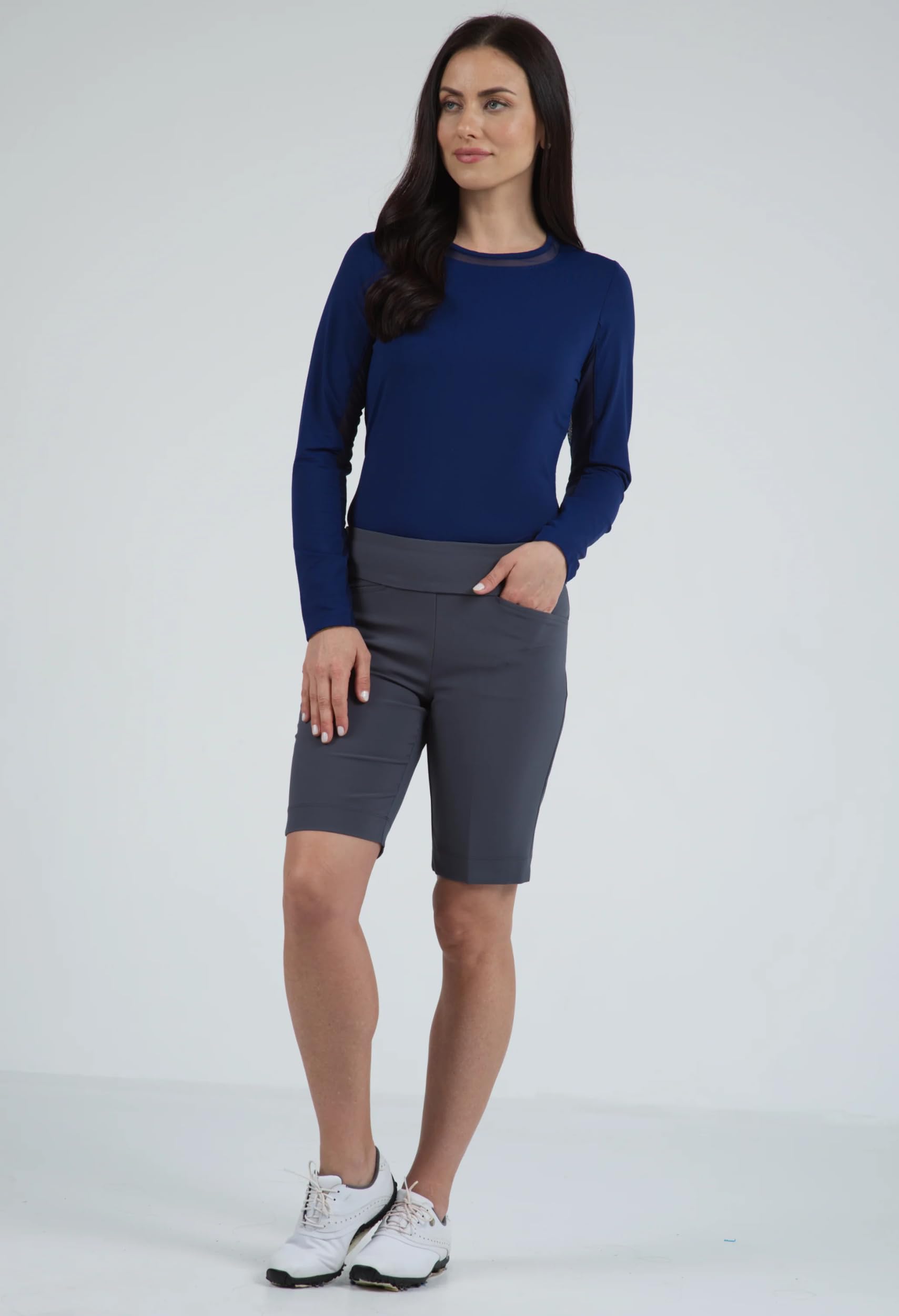 IBKUL Women's UPF50+ Sun Protective Quick-Dry Athleisure Shorts with Front & Back Pockets - Stain Resistant Workout & Yoga Shorts for Running, Hiking, Travel