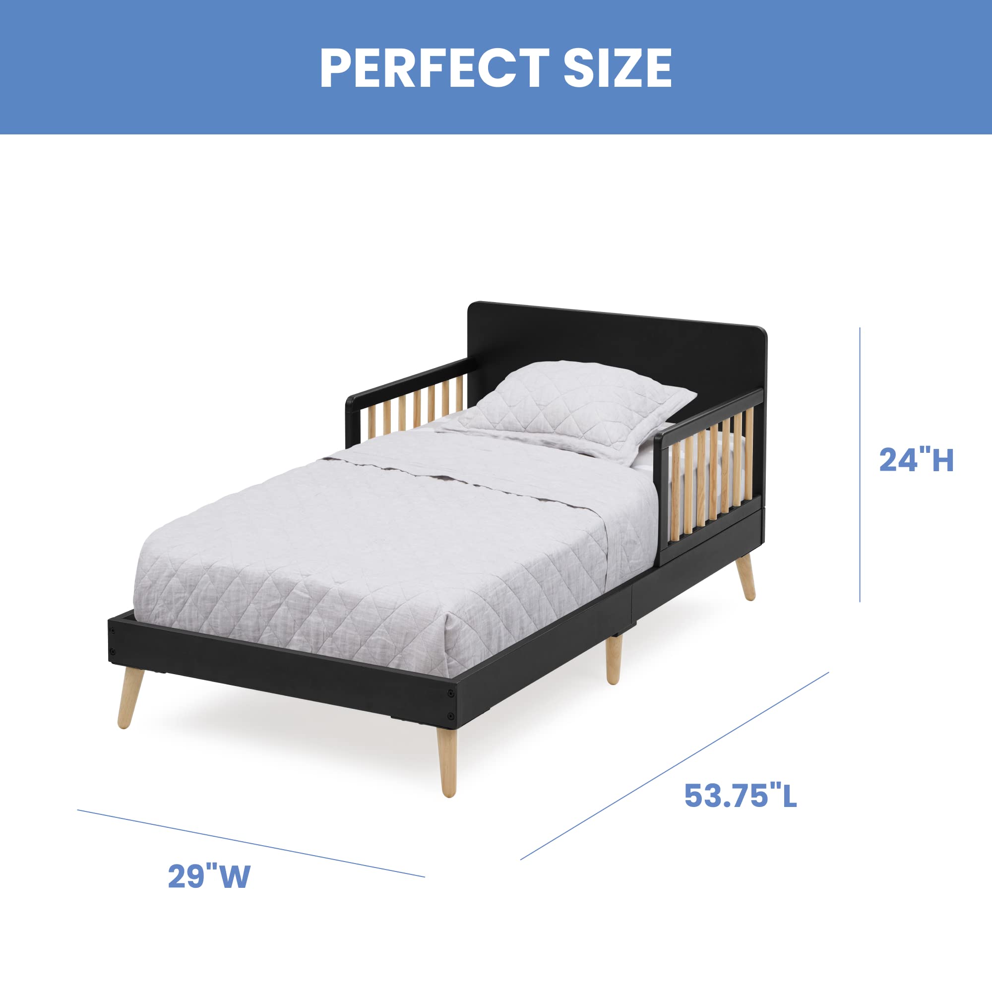 Delta Children Logan Wood Toddler Bed with Simmons Kids SlumberTime Naturally 2-Stage Premium Foam Mattress - Waterproof, GREENGUARD Gold Certified - Midnight Grey/Natural - Perfect for Nursery, Daycare & Toddler Bedroom Transition