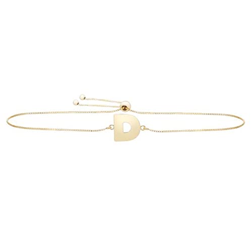 14K Solid Yellow Gold Letter A Adjustable Block Initial Bolo Friendship Bracelet with Drawstring Clasp - 9.25