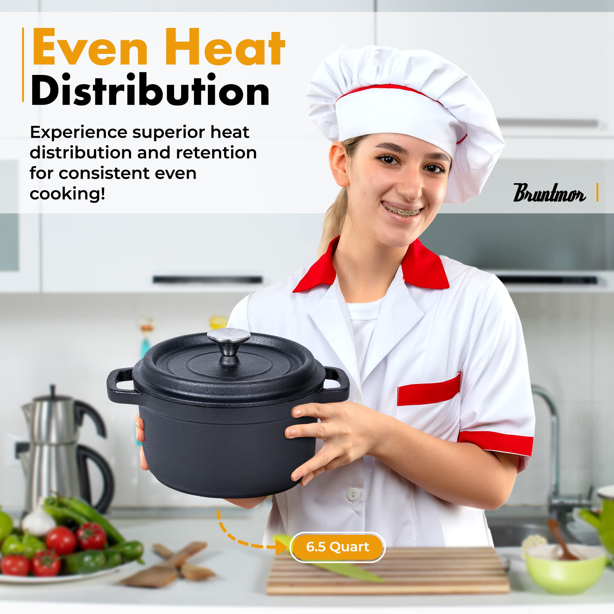 Bruntmor 5.2 Quart Pre-Seasoned Cast Iron Dutch Oven with Lid - Black Cast Iron Skillet for Casseroles, Braising, Baking & Roasting - Induction Compatible Cookware - Perfect for Camping, Home Cooking & Outdoor BBQ