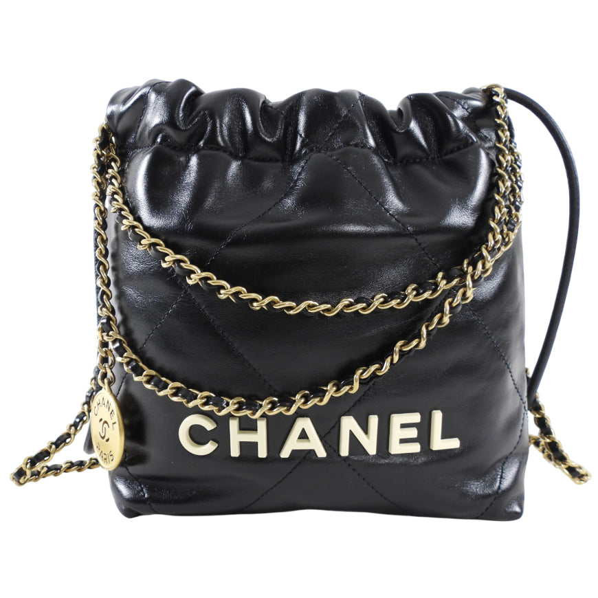 Chanel 2023 Black Leather Chain 22 Mini Bag with Ivory Enamel Logo - Luxury Designer Handbag for Women, Perfect for Evening Parties & Date Nights