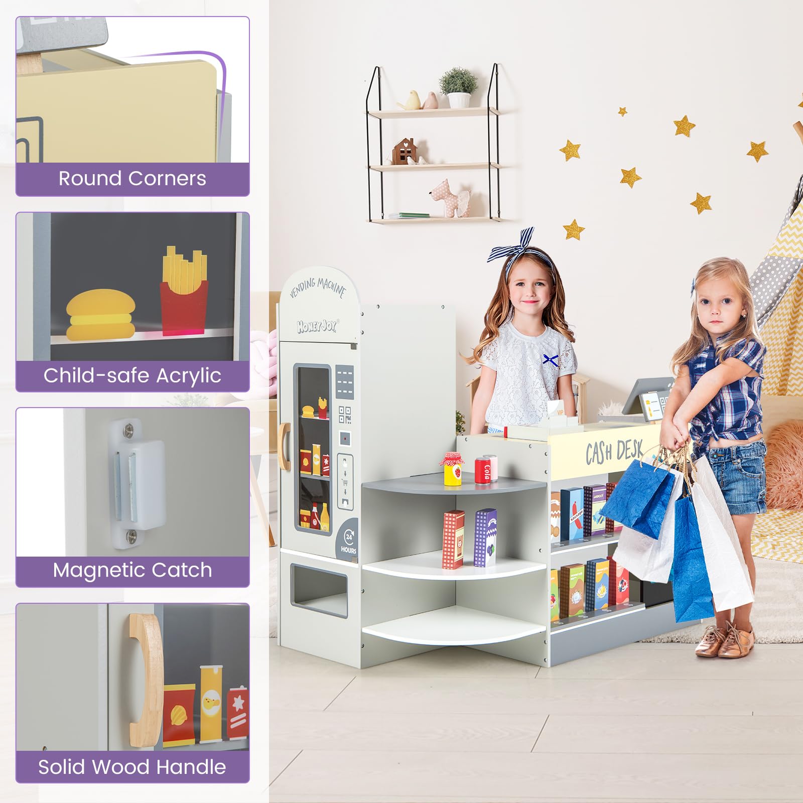 HONEY JOY Kids Grocery Store Playset - Wooden Supermarket Toy with Cash Register, Vending Machine & Checkout Counter - Pretend Play Set for Toddlers Boys & Girls (Gray) - Perfect for Role Play, Early Learning & Social Skills Development