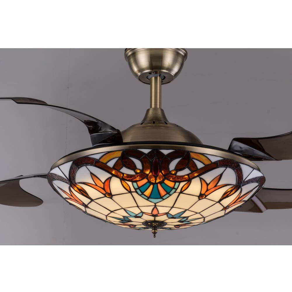 42 Inch Invisible Blade LED Ceiling Fan with Remote - Victorian Style Tiffany Chandelier Light - Semi Flush Mount for Dining Room, Restaurant & Hotel - Energy Efficient Frequency Conversion Technology - Perfect for Indoor Home and Commercial Spaces
