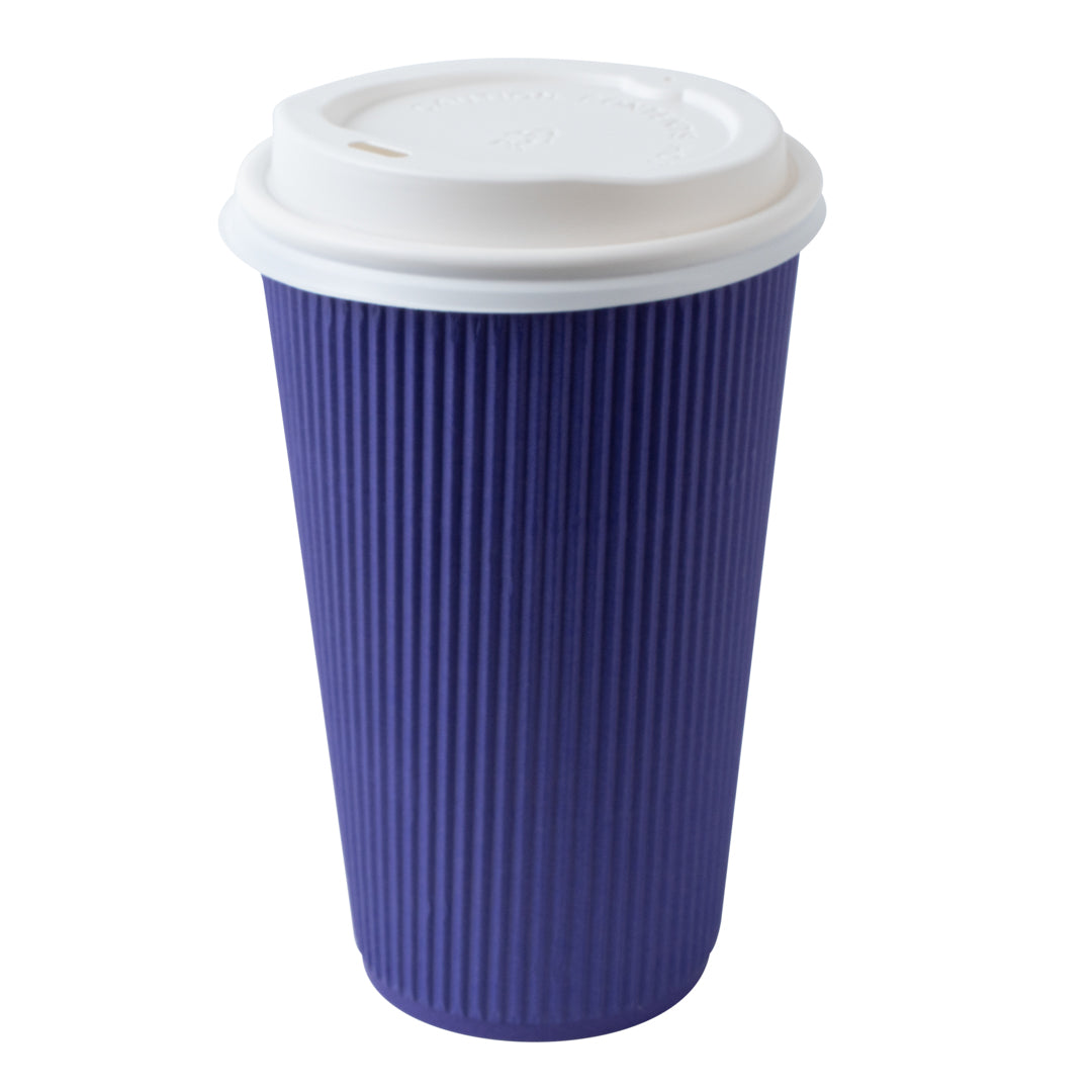 16 oz Royal Purple Ripple Wall Coffee Cups with White Lids - 20 Count Bulk Pack (3.5