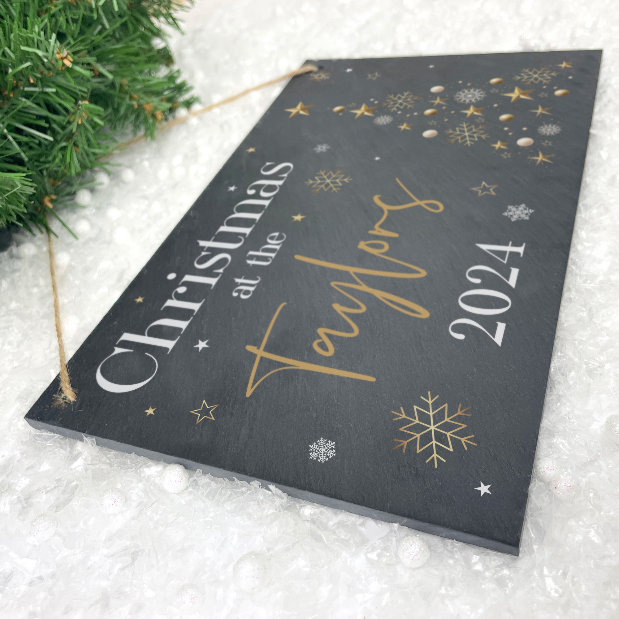 Personalized Festive Gold Slate Hanging Sign - 25 x 15cm - Custom Christmas Decor for Home, Office & Holiday Parties