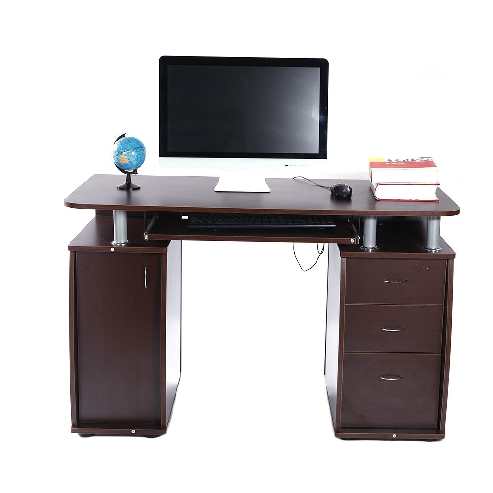 Ergonomic Computer Desk with Storage Drawers, Keyboard Tray & Cabinet Door - Modern Home Office Desk for PC, Laptop & Notebook - Spacious Writing Study Table in Coffee Finish - Perfect for Small Spaces & Remote Work Setup