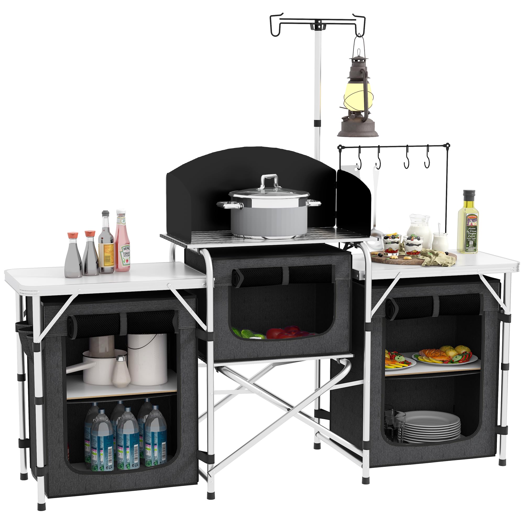 Outsunny Portable Folding Camping Kitchen Table - Aluminum Cook Station with 3 Fabric Cupboards & Windshield - Compact Camp Kitchen for BBQ, RV, Picnic - Includes Carrying Bag (Black) | Perfect for Outdoor Cooking, Camping Trips & Backyard Gatherings