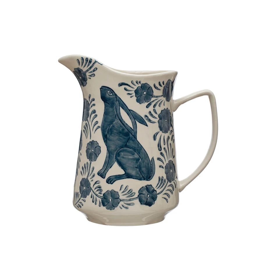 Handmade Folk Art Bunny Stoneware Pitcher - Ceramic Milk Jug for Farmhouse Decor, Kitchen & Dining Table Centerpiece - Perfect for Tea, Coffee, or Chilled Beverages