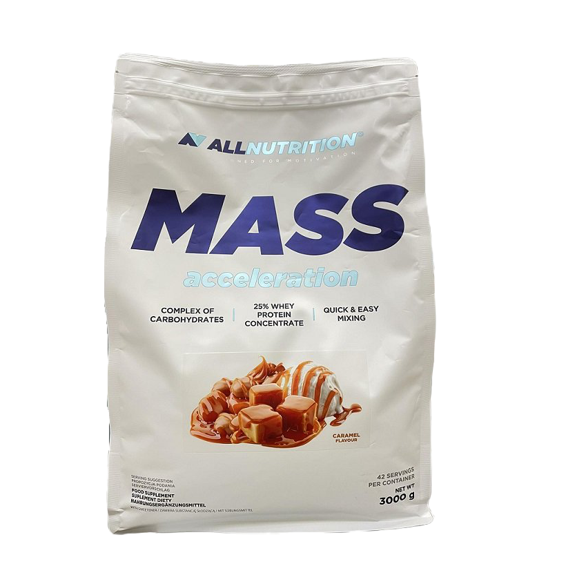 Allnutrition Mass Acceleration Weight Gainer - Caramel Flavor 3000g for Muscle Growth & Post-Workout Recovery | Ideal for Bodybuilders & Fitness Enthusiasts