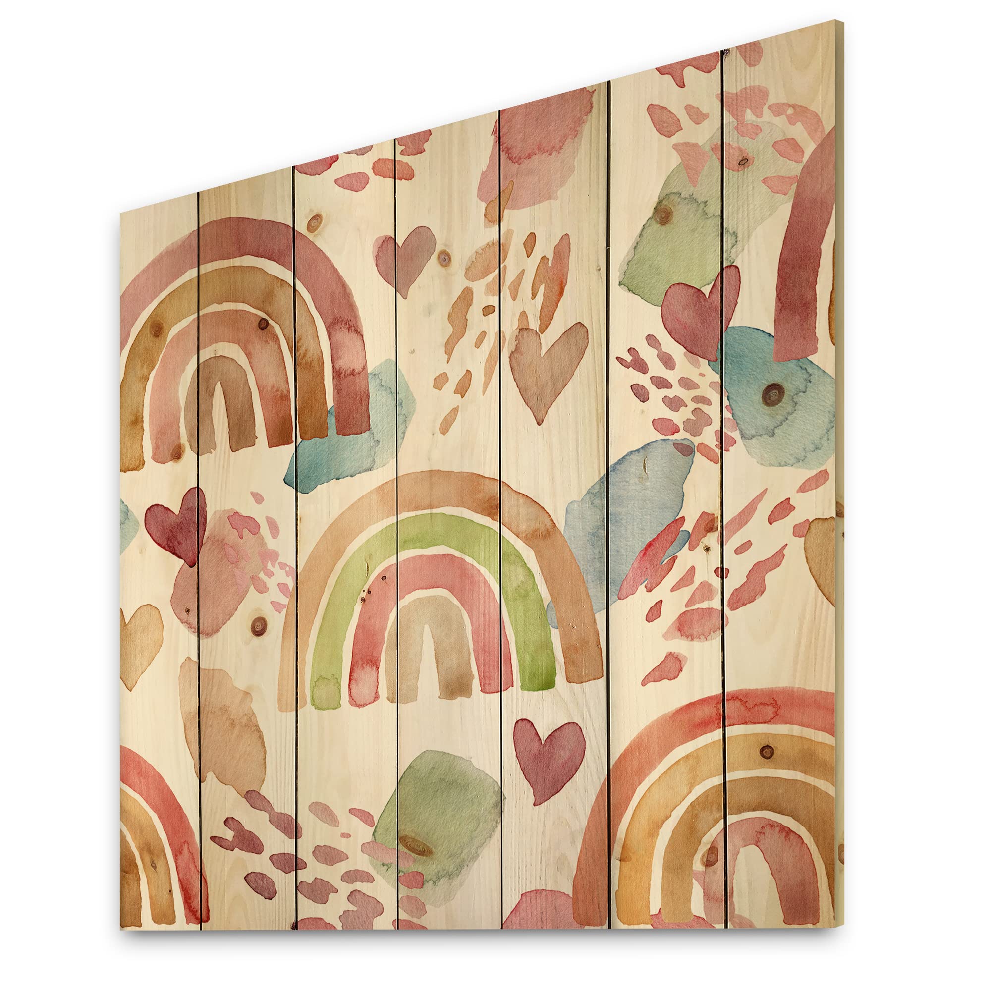 DesignQ Multicolored Rainbows Clouds Hearts Wood Wall Decor - Kids Room Art, Nursery Decor, Large Printed Pine Wood Wall Panels for Children's Bedroom & Playroom