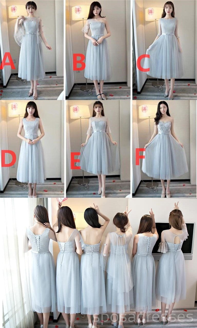 Elegant Mismatched Gray Tea-Length Lace Bridesmaid Dresses - BD025 | Perfect for Weddings, Formal Events & Special Occasions