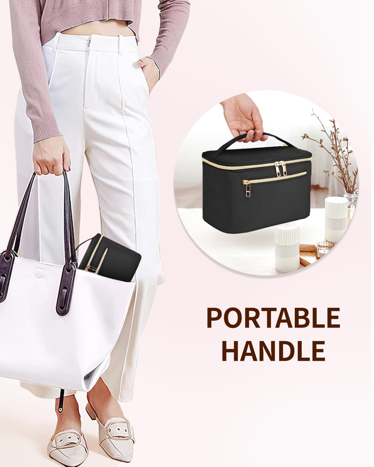 Wandering Nature Large Makeup Bag for Women - Travel Cosmetic Organizer with Brush Holder, Fabric Makeup Case in Black (Patent Pending) - Perfect for Travel, Gym & Daily Beauty Storage