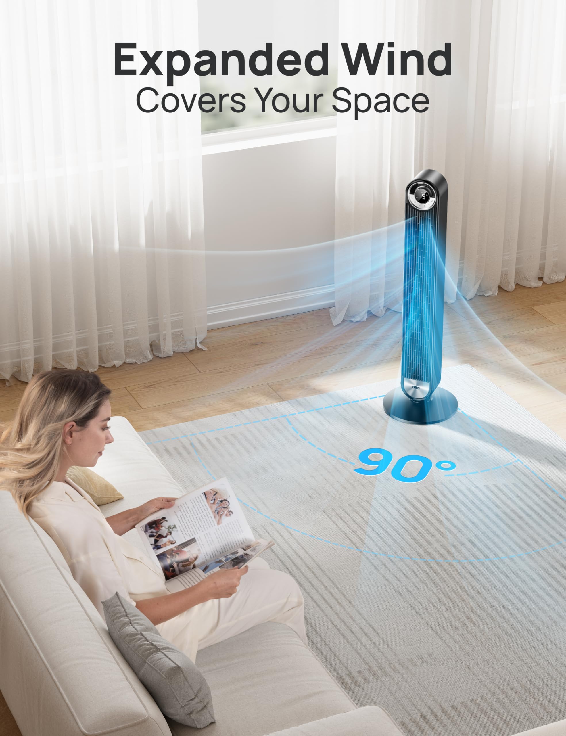 Dreo Bladeless Tower Fan for Bedroom - Ultra Quiet DC Motor with 9 Speeds, 90° Oscillation & 28ft/s Airflow - 12H Timer Standing Floor Fan for Home, Office, Nursery - Perfect for Cooling, White Noise & Air Circulation